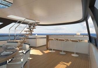 Rendering of covered seating and bar on deck of Benetti Motopanfilo 