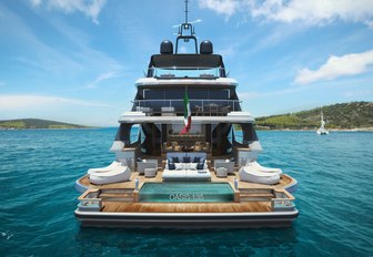 The swim platform and aft deck section of a new Benetti yacht