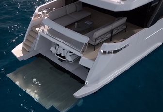 Sanlorenzo-SL86A mid aerial show over aft deck with bathing platform lowered into water, and the tender showing in its storage within transom