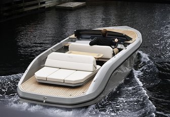 Rand Boats Spirit 25 running shot shown over aft deck and forward along starboard side, making way, smooth sea