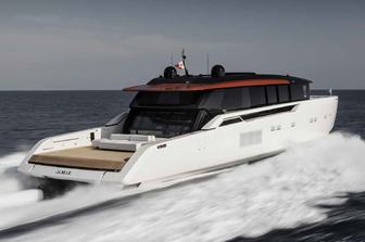 Sanlorenzo SP110 motor yacht running shot from water level towards starboard quarter deck and along side profile, moderate sea on cloudy day