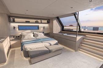 Pardo GT75 master cabin showing staircase to exterior deck, cabin in muted neutral palette with seating at bottom of bed, door is open to the outside, twilight shot