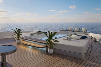 Columbus Atlantique 43M upper deck sky deck shot with sun pads and pool