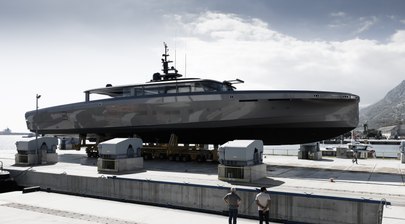 WATCH: Alia Yachts Launches 50m Superyacht Atlantide with Aircraft-Carrier Bow