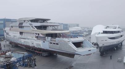 Amer 74 Steel flagship superyacht enters outfitting phase at Pisa Navicelli