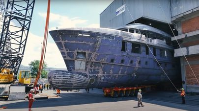 Watch Second  43m CdM Deep Blue 141 Explorer Yacht Move to Outfitting 