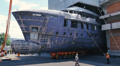 Watch Second  43m CdM Deep Blue 141 Explorer Yacht Move to Outfitting 