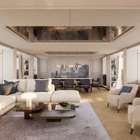 Rendering of Moonen 122 Martinique Superyacht Lollipop main saloon with L-shaped sofa 