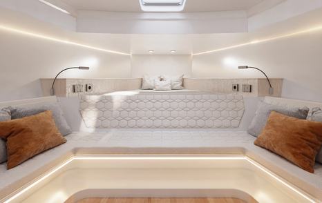 Maxim Yachts MAX43 Comfort boat cabin with white LED's and yellow accents