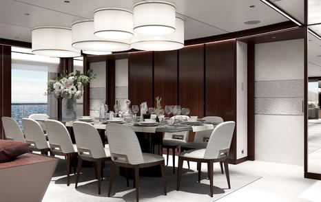 Rendering of Superyacht Project Frida main saloon dining area with circular lighting