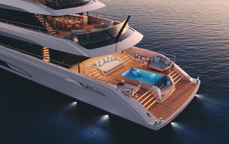 Rendering of superyacht Project Grace beach club with infinity pool and large sunpads 