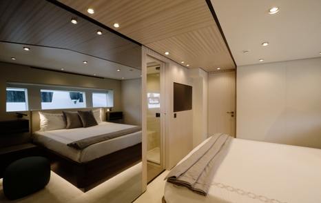 Manda S07 Berlinetta VIP cabin layout showing berth, storage and doorway to en suite bathroom