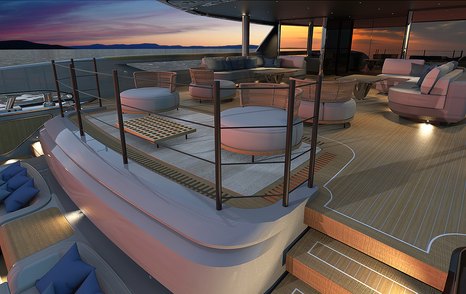 Rendering of Baglietto T52 motor yacht aft deck with sunpads 