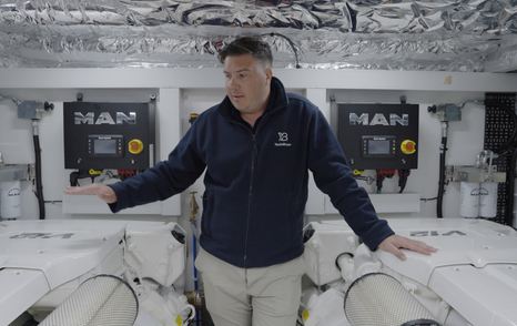 Princess S65 Mk2 engine room with access space between the twin MAN V12s