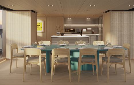 Rendering of Benetti B.Neos superyacht main saloon aft dining area and galley