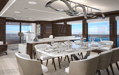 Rendering of First Lazzara UHV100 motor yacht dining area