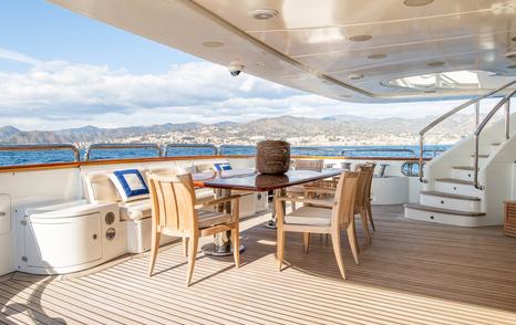 Superyacht Checkmate main aft deck with alfresco dining