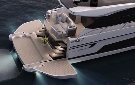 rendering of the Targa 58 GTB yacht showing extended swim platform and steps up to main deck aft equipped with a seating area