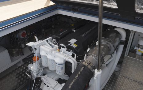 Close up of Volvo Penta D11 IPS 950 engine installation on the Manda S07 Berlinetta