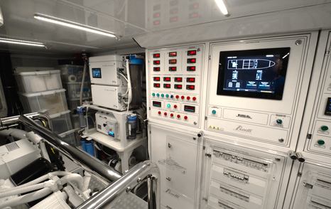 Benetti Oasis 34M machinery control panels managing power generation, monitoring and onboard systems.