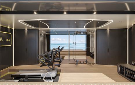 Rendering of Sanlorenzo 75Steel Superyacht Silver Fox indoor gym with glass sliding doors
