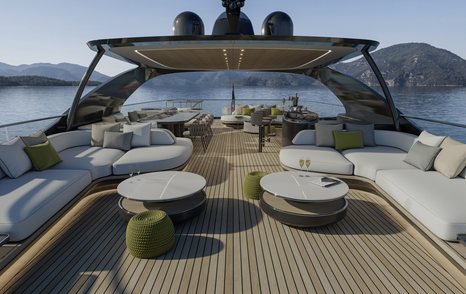 The sun deck aboard the Voyager 45 offers comfortable, freestanding furniture to relax on