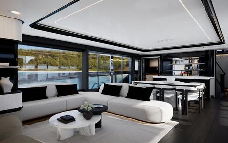 Rendering of Pearl 100 Hybrid Motor Yacht salon L-shaped sofa 
