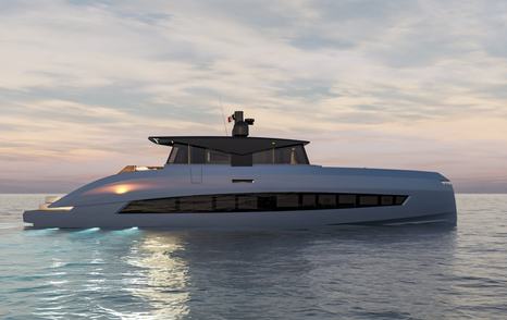 Side profile of the Manda S07 Berlinetta semi displacement yacht underway showing enclosed Berlinetta superstructure and hull glazing