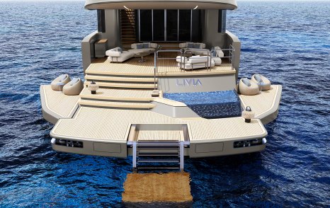 Rendering of LIVIA Infinite superyacht stern with fold out terraces and infinity pool