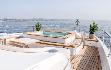 Gulf Craft's Majesty 100 Terrace motor yacht foredeck with pool and sunpads