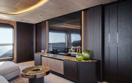 Maiora M30 motor yacht main saloon coffee table and tv 