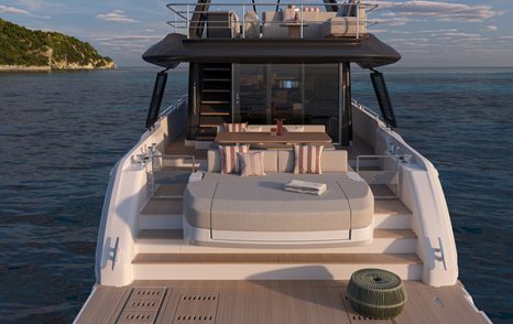 Prestige F6.7 motor yacht at anchor aft deck view 