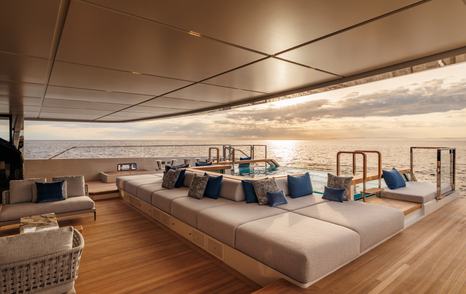 Sanlorenzo 74Steel superyacht Silver Fox aft deck with U-shaped sunpads 