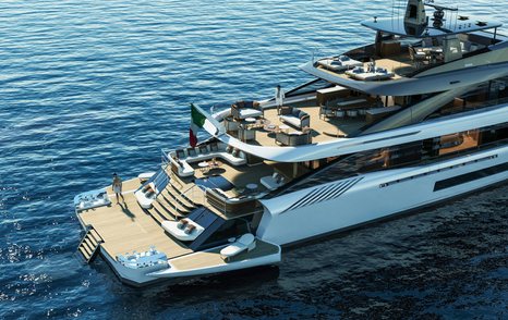 Rendering of Mangusta GranSport 50 beach club with multiple lounging areas and fold down sides