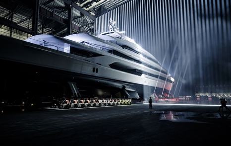 Aft view of Oceanco Superyacht H emerging from shed.