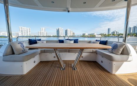 Motor yacht Mandala's aft deck with shaded seating 