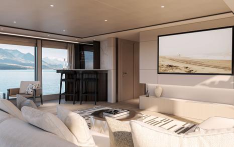 Rendering of Sunseeker 134 Superyacht upper deck salon seating area and mounted TV