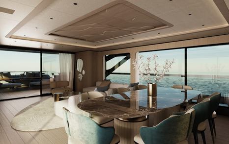 Rendering of Mangusta GranSport 34 Motor Yacht interior dining area with marbled dining table