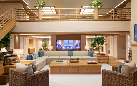 Lürssen Superyacht Hadar pre-refit split level main saloon with L-shaped white sofa 