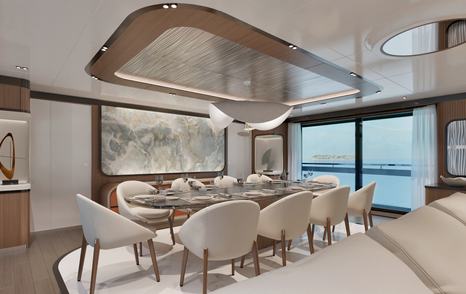 Rendering of GX42 Superyacht main saloon forward dining area 