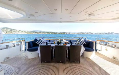 Superyacht Sea Blue'Z main aft deck shaded alfresco dining
