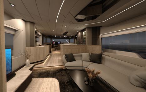 Rendering of Horizon V74 Evo motor yacht main saloon