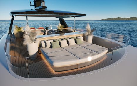 Rendering of Sirena 42M Superyacht upper deck with integrated grey sunpads 