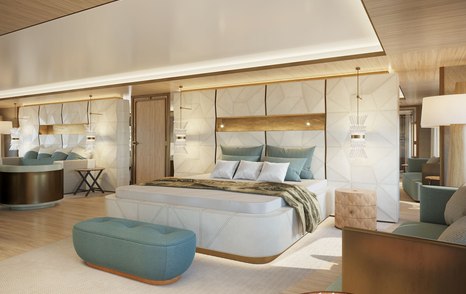 Bedroom of Damen Yachting's 'La Datcha' Explorer Yacht with lightly colored furnishings and upholstery