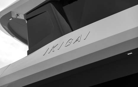 Sirena 118 Ikigai nameplate beneath the upper deck overhang