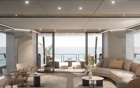 Rendering of Azimut Grande 30M Superyacht main saloon glass sliding doors 