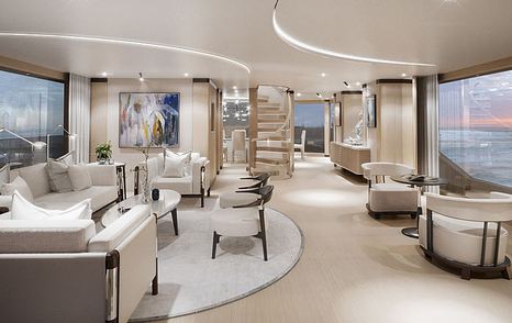 rendering of the interior of B.YOND 37M with white sofas and chairs, white walls and ceilings, and pale wood floors