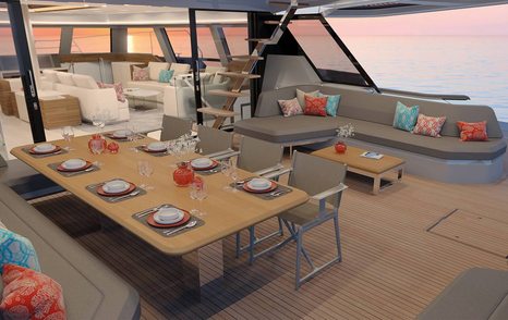 Rendering of Fountain Pajot Power 80 catamaran aft deck with al fresco dining