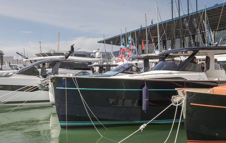 Motor yachts berthed at the Genoa International Boat Show