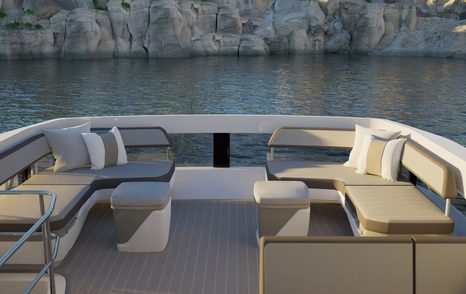 Rendering of Pearl 63 motor yacht sundeck with L-shaped seating